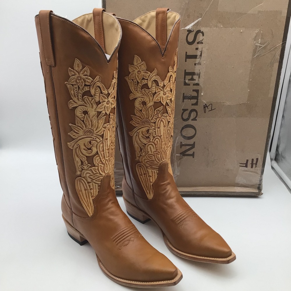 Stetson Jules Womens Brown Hand Tooled Leather Snip Toe Boots Size 10.5 NEW
